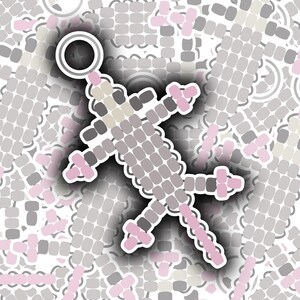 May include: A sticker featuring a stylized lizard design. The lizard is composed of gray and pink rectangular shapes with a white outline. The background is a pattern of similar shapes in gray and pink.
