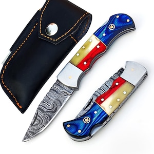 Damascus Knife, Handmade knife, Custom Damascus Steel Knife, Handmade knife, TEXAS FLAG USA Hunting Forged Damascus Steel Folding Knife Gift