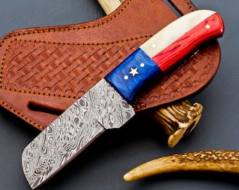 Cowboy Bull Cutter Knife Texas Flag Handle With Damascus Blade And Pan Cake Leather Sheath , Dual Carry Leather Sheath , EDC Knife
