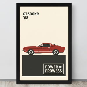 Vintage 1968 Mustang Shelby GT500 Poster – Minimalist Mustang Silhouette Wall Art | Vintage Ford Muscle Car Print  Vintage Mopar Wall Art