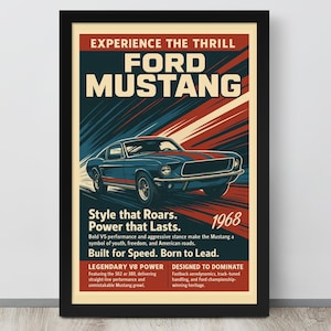 Poster della Ford Mustang del 1968 – Decorazione murale di un'auto muscolosa classica – Regalo per marito, papà o fidanzato – Decorazione per garage, stampa di auto d'epoca per la cameretta dei ragazzi