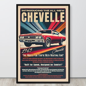 Download digital de pôster vintage do Chevy Chevelle 1969, impressão de carro antigo, pôster de carro de corrida, presente para entusiastas de carros, decoração de parede de garagem, carro clássico