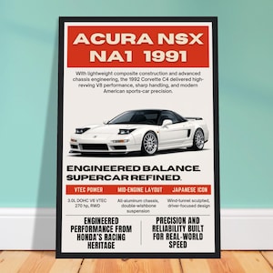 May include: A framed poster featuring a white Acura NSX NA1 from 1991. The poster has a red and white color scheme with text that reads "ENGINEERED BALANCE SUPERCAR REFINED." The poster is displayed on a wooden surface against a teal wall.
