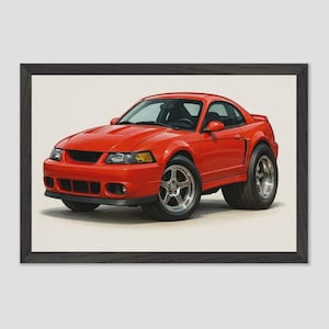 May include: Illustration of a red sports car with large wheels. The car features a black front bumper, silver alloy wheels, and yellow headlights. The image is set against a neutral background and framed in a black border.