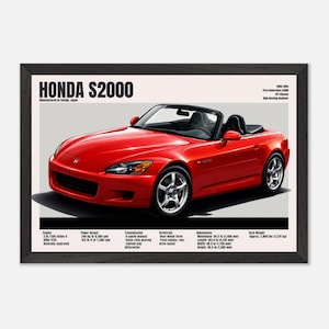 Może przedstawiać: Oprawiony wydruk czerwonego Hondy S2000 kabriolet. Obraz zawiera specyfikacje, takie jak silnik, moc, skrzynia biegów i wymiary. Tekst "HONDA S2000" znajduje się na górze. Rozstaw osi samochodu wynosi 240 cm.