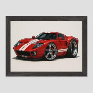 2005 Ford GT Poster – Red Supercar Wall Art with White Stripes, Modern Retro Car Gift, Man Cave or Garage Decor