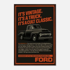 Pôster de janela grande Ford F-100 1956 – Arte de parede de caminhonete clássica – Impressão retrô da Ford para caverna, garagem ou presente para o pai