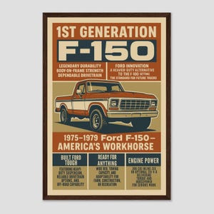 Pôster Ford F-150 1975–1979 – Arte de parede de caminhonete clássica – Presente para marido, pai ou namorado – Impressão retrô para garagem ou quarto de menino