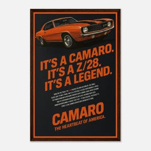 1969 Camaro Z/28 Vintage Poster – Muscle Car Wall Art, Retro Chevrolet Ad Print, Man Cave Decor Gift for Him