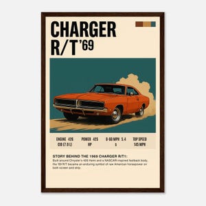 Poster della Dodge Charger RT del 1969, auto sportiva classica, regalo da parete per papà, marito o fidanzato, decorazione da garage retrò, stampa Mopar, decorazione da garage