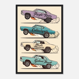 Cartoon Drag Racing Cars Poster – Retro Funny Muscle Car Wall Art for Garage, Man Cave Decor, or Car Enthusiast Gift