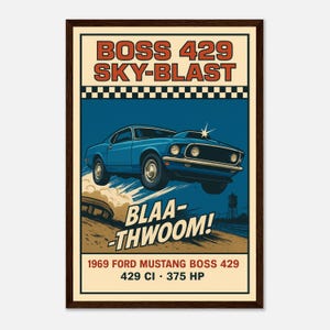 Poster Mustang Boss 429 del 1969 - Regalo per marito, decorazione murale per auto per bambini, decorazione per caverna maschile, stampa di muscle car retrò