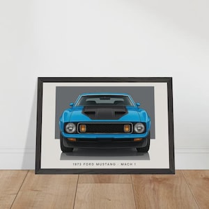 1973 Ford Mustang Mach 1 Poster – Retro Muscle Car Wall Art – Garage Decor – Gift for Him – Blue Mach 1 Front View Print