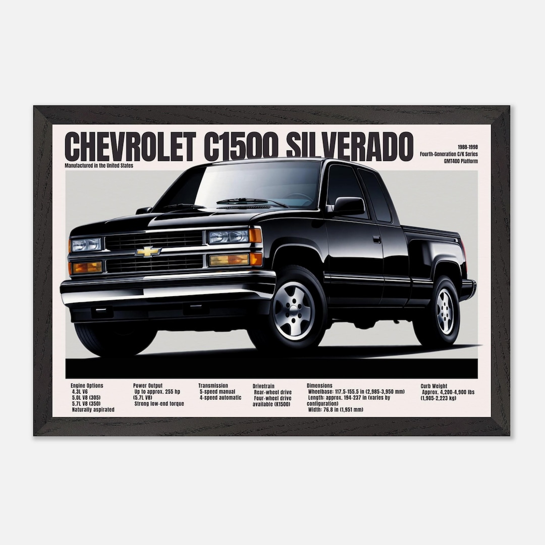 1988-1998 Chevrolet C1500 Silverado Poster - Vintage OBS Truck Wall Art,...