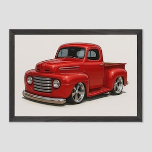 Pôster de caminhonete Ford F1 1950 - Arte de parede vintage Red Hot Rod, impressão clássica de caminhonete Ford, decoração de caverna ou garagem para presente