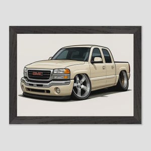 2004 GMC Sierra Custom Truck Poster – Slammed OBS Crew Cab Pickup Art Print – Retro Lowrider Gift for Garage, Dad, or Man Cave Decor