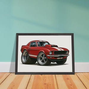 Cartoon Ford Mustang Poster – Red Muscle Car Wall Art – Cool Gift for Him, Garage Decor, Classic Drag Car Illustration