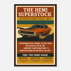 Poster Superstock della Plymouth HEMI 'Cuda del 1970 - Stampa artistica da parete di un'auto muscolosa d'epoca, regalo per papà, decorazione da garage, regalo per appassionati di auto