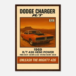 Poster Dodge Charger R/T del 1969 – 426 HEMI Muscle Car Wall Art – Decorazione per la casa, per garage, regalo per marito o papà
