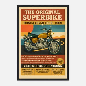 Póster de la Honda CB750 de 1969, arte mural de motocicleta vintage: regalo para papá, esposo o novio. Decoración retro para garaje.