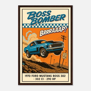 Poster Mustang Boss 302 del 1970 - Regalo per papà, decorazione da parete per ragazzi delle auto, decorazione per la cameretta dei bambini, stampa di muscle car retrò