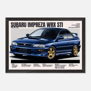 May include: A framed print featuring a blue Subaru Impreza WRX STI. The car has gold wheels and a rear spoiler. Text at the top reads "SUBARU IMPREZA WRX STI." Additional text provides engine specs, power output, transmission, drivetrain, dimensions, and curb weight.