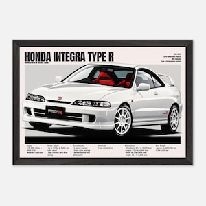 May include: Illustration of a white Honda Integra Type R car with a red interior, framed in black. The image includes technical specifications and the text "HONDA INTEGRA TYPE R".