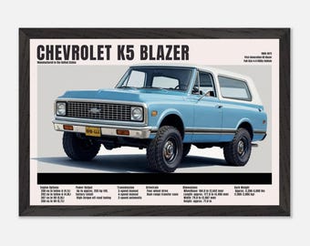 K5-blazerposter 1969-1972 – vintage eerste generatie Chevy 4 x 4 muurkunst, print retro off-road SUV