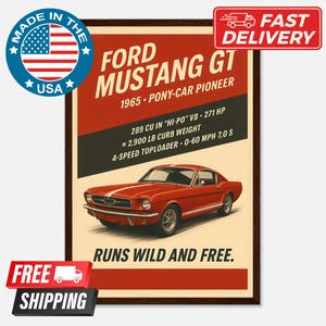 Poster Ford Mustang del 1965, auto d'epoca da parete – Regalo per marito, decorazione da garage, stampa di auto d'epoca per la cameretta dei ragazzi