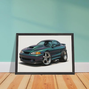 May include: Framed artwork featuring a stylized illustration of a teal and purple sports car. The car has large chrome wheels, a hood scoop, and dual exhaust pipes. The artwork is in a black frame, set against a white background.