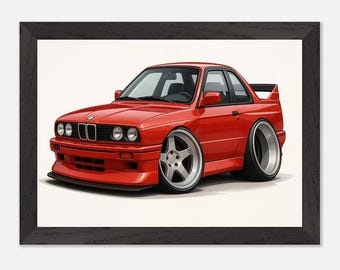 Plakat BMW E30 M3 – Czerwony niemiecki samochód sportowy, sztuka garażowa