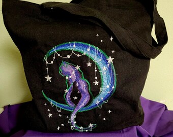 Cat with Moon and Stars * Black Canvas Tote *