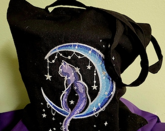 Cat with Moon and Stars * Black Canvas Tote * Silver