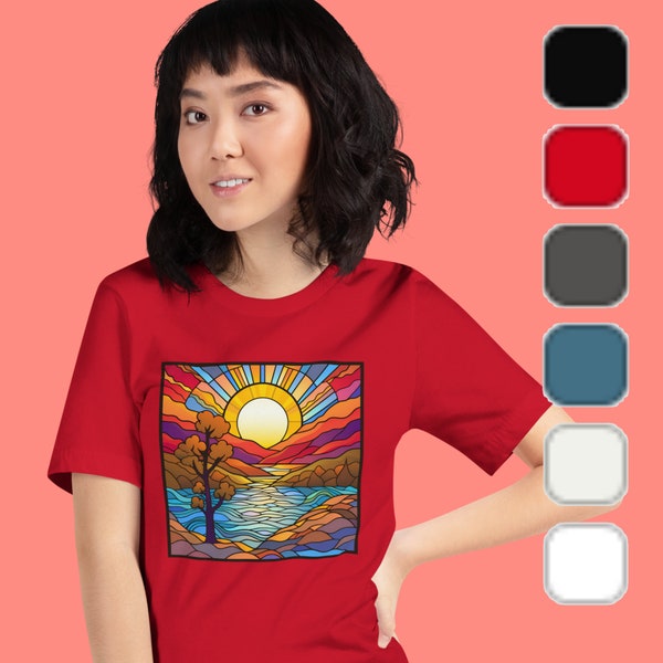 Lakeside Sunrise T-Shirt, Nature Shirts, Stained Glass, Unisex T-Shirt, Free Shipping, Camping, Beautiful Outdoors, Autumn, Trees, Lake