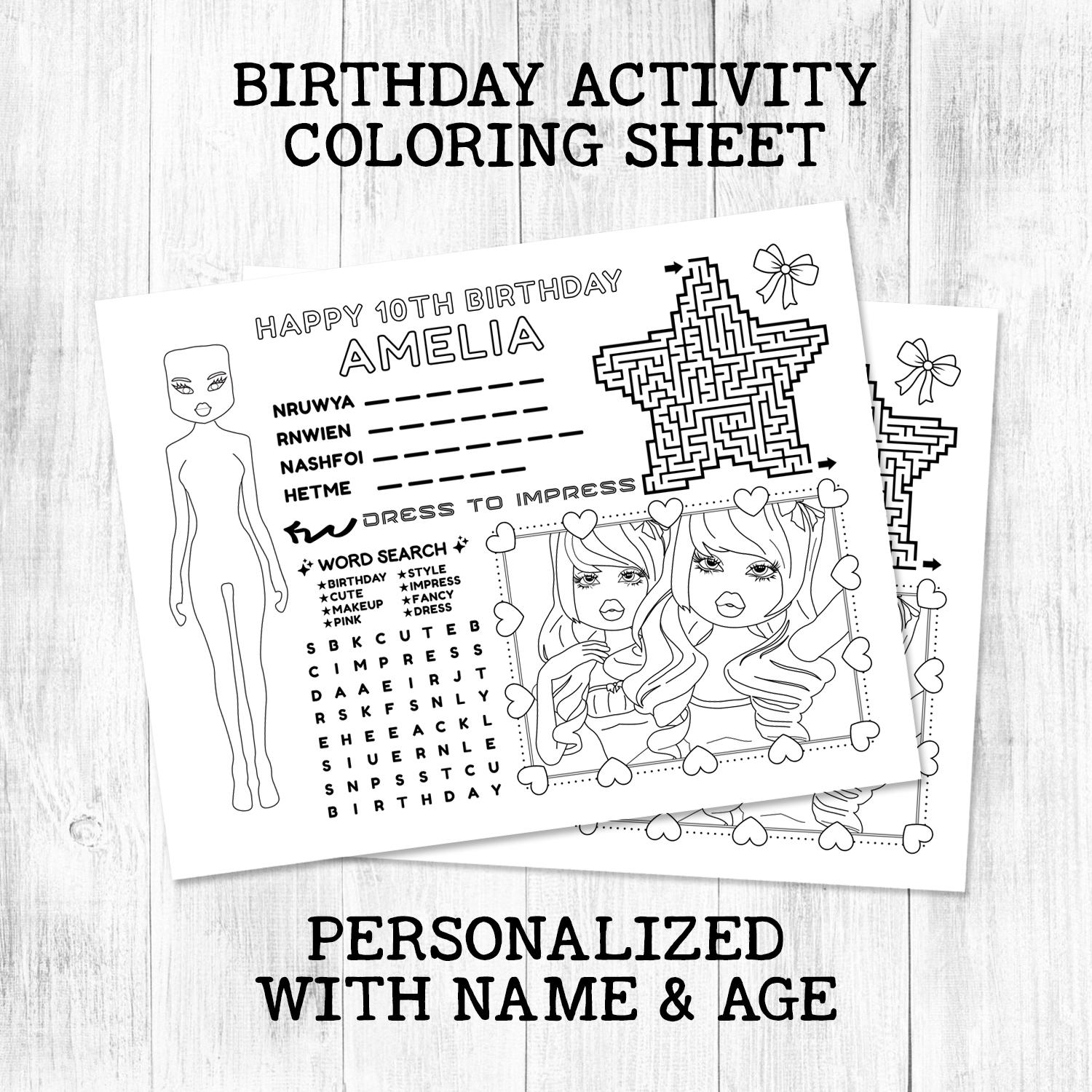 Personalized Dress to Impress Roblox Birthday Activity Coloring Sheet