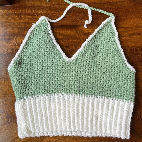 Crochet Tank Top in Sage Green & White