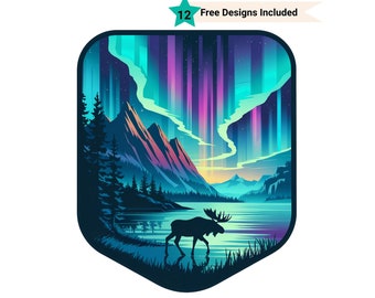 Outdoors Clipart, Aurora Borealis Png, Mountain Clipart, Sublimation Design Png, Moose Png, Elk Png, Northern Lights Png
