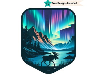 Outdoors Clipart, Aurora Borealis Png, Mountain Clipart, Sublimation Design Png, Moose Png, Elk Png, Northern Lights Png