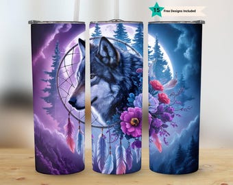 Wolf Tumbler Png, Skinny Sublimation Tumbler Design, Vibrant Forest, Forest Tumbler, Wolf Sublimation Tumbler Wrap, 20oz Skinny Tumbler