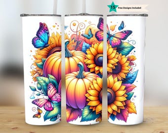Pastel Fall Tumbler Wrap, 20oz Skinny Sublimation Tumbler Design, Pumpkin Sublimation Design Png, Floral Fall Tumbler Png Downloads