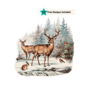 Retro Deer Wilderness Scene Sweatshirt Png, Nineties Vintage Buck And Doe Deer Shirt, Boho 90s Nostalgia Crewneck Sweatshirt, Winter Scene
