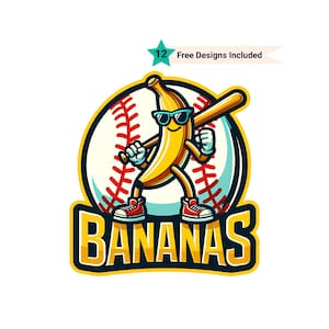 Let&#39;s Go Bananas Baseball PNG Sports Team Mascot Funny Banana Playing Baseball Sublimation Digital Download Printable Shirt Apparel