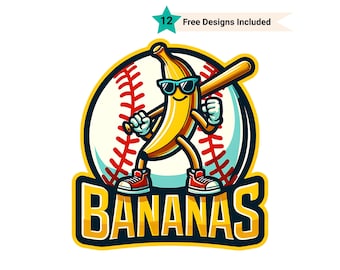 May include: A cartoon banana wearing sunglasses and baseball cleats holds a bat in front of a baseball. The text "BANANAS" is in a yellow banner below the baseball.