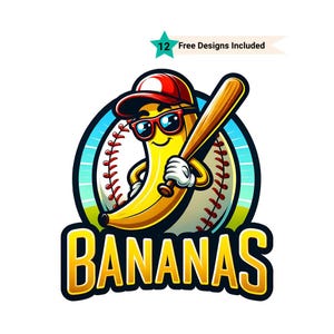Let&#39;s Go Bananas Baseball PNG Sports Team Mascot Funny Banana Playing Baseball Sublimation Digital Download Printable Shirt Apparel