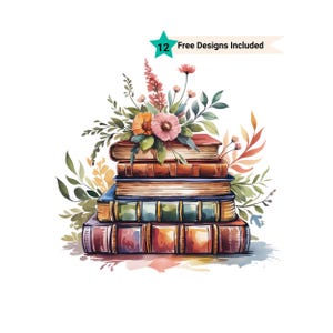 Bookshelf Clipart, Bookworm Clipart, Book Lover Clipart, Bookcase Clipart, Watercolor Clipart, Bookshelf Watercolor, Floral Book Clipart