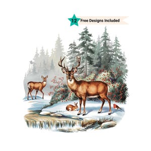 Retro Deer Wilderness Scene Sweatshirt Png, Nineties Vintage Buck And Doe Deer Shirt, Boho 90s Nostalgia Crewneck Sweatshirt, Winter Scene