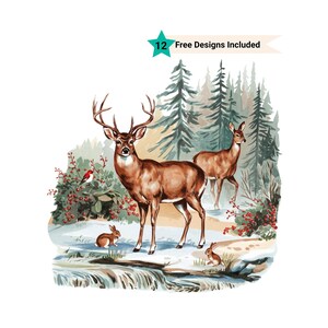 Retro Deer Wilderness Scene Sweatshirt Png, Nineties Vintage Buck And Doe Deer Shirt, Boho 90s Nostalgia Crewneck Sweatshirt, Winter Scene