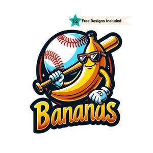 Let&#39;s Go Bananas Baseball PNG Sports Team Mascot Funny Banana Playing Baseball Sublimation Digital Download Printable Shirt Apparel