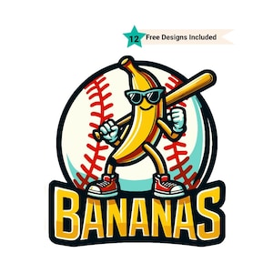 Let&#39;s Go Bananas Baseball PNG Sports Team Mascot Funny Banana Playing Baseball Sublimation Digital Download Printable Shirt Apparel