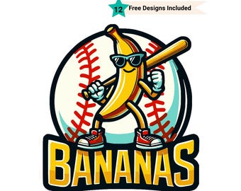 Let's Go Bananas Baseball PNG Sports Team Mascot Funny Banana Playing Baseball Sublimation Digital Download Printable Shirt Apparel